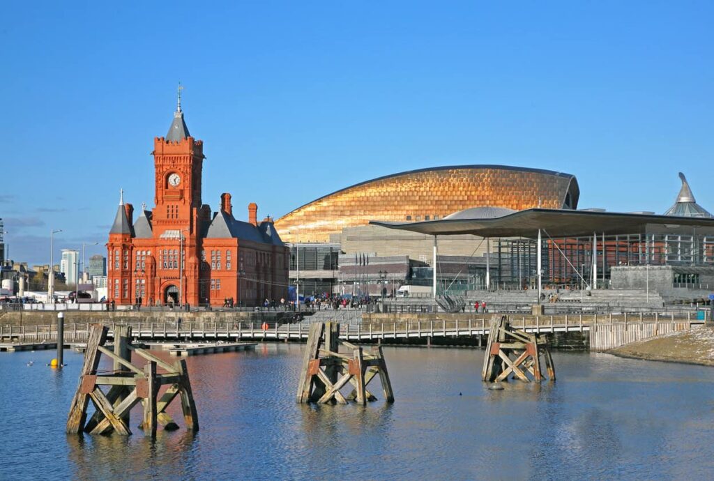 Cardiff, Wales, city skyline and bridge.