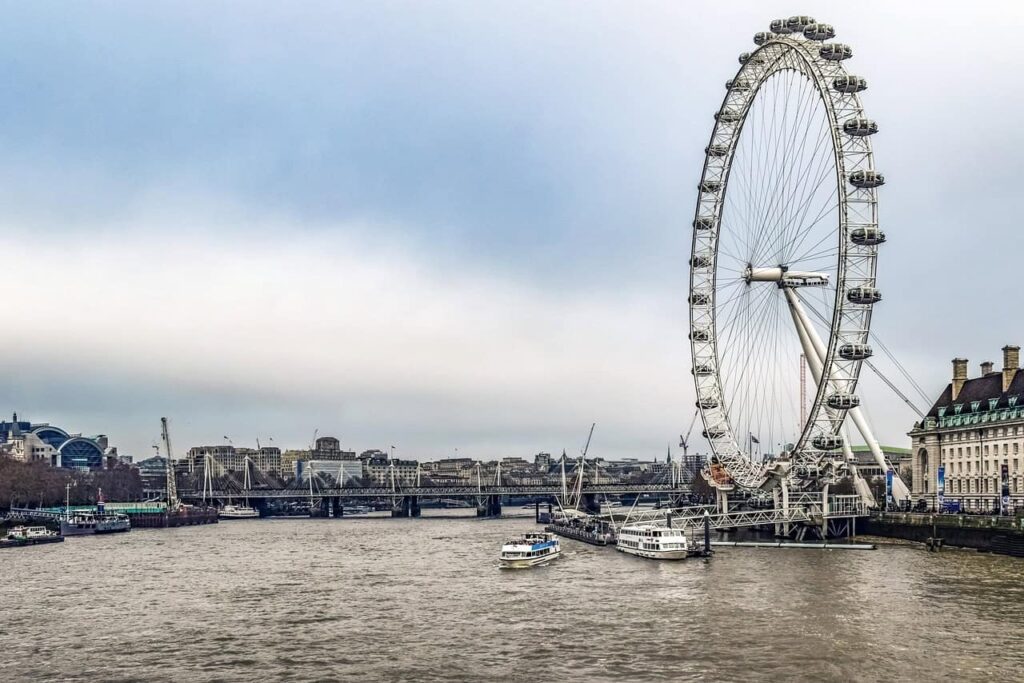 View of the river Thames and London eye, UK.