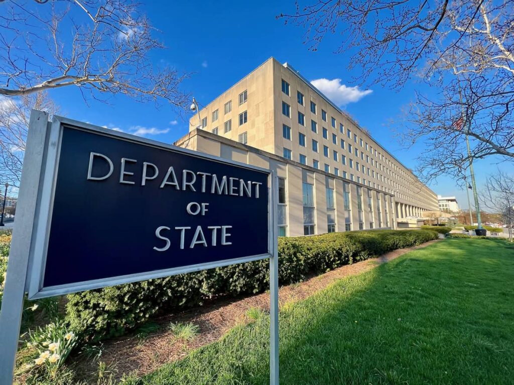 US State Department building and sign.