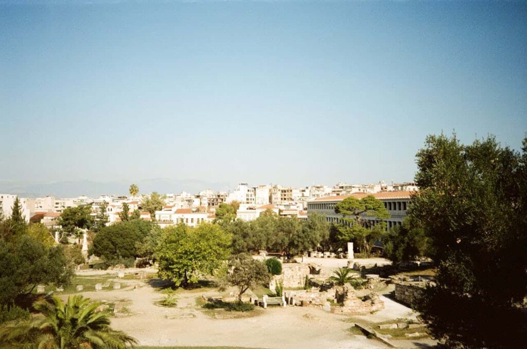 Park and Greek ruins in Athens, Greece.