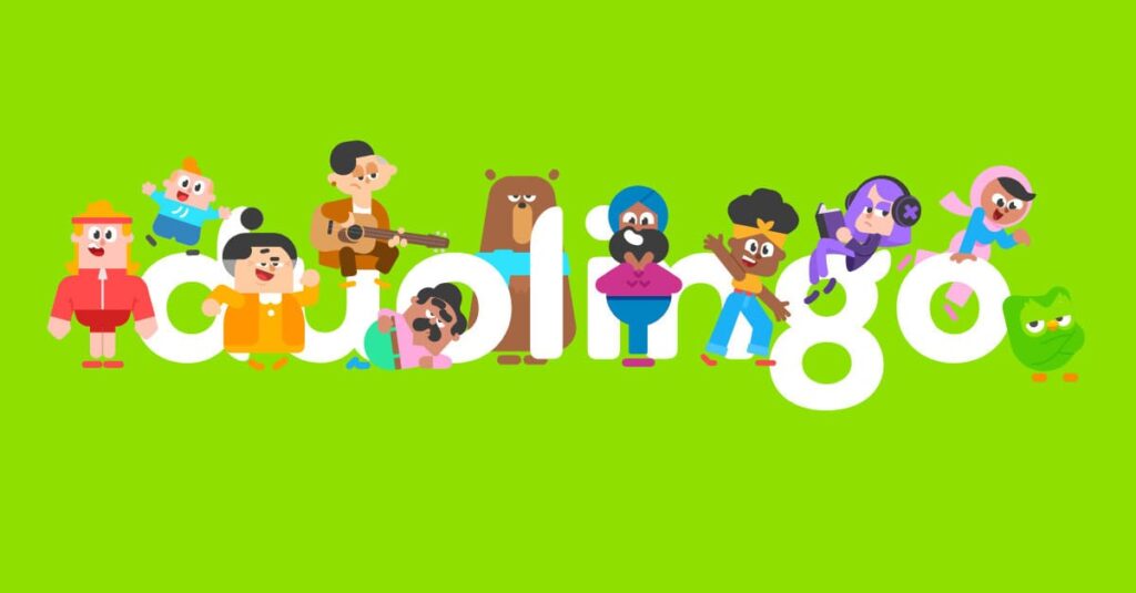 Duolingo logo with characters.
