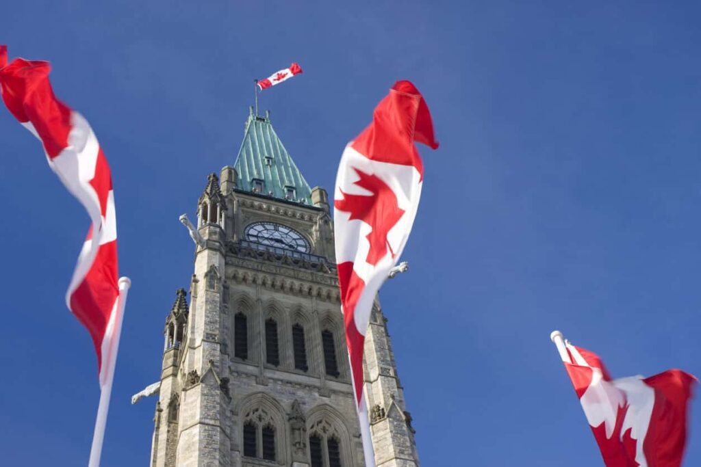 Canadian flags in front of Parliament of Canada.
